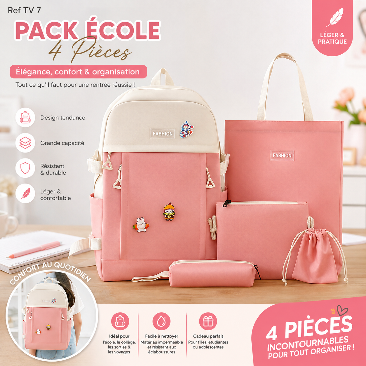 Set Scolaire 4 en 1 - Sac à Dos + Sac à Main + Trousse + Pochette