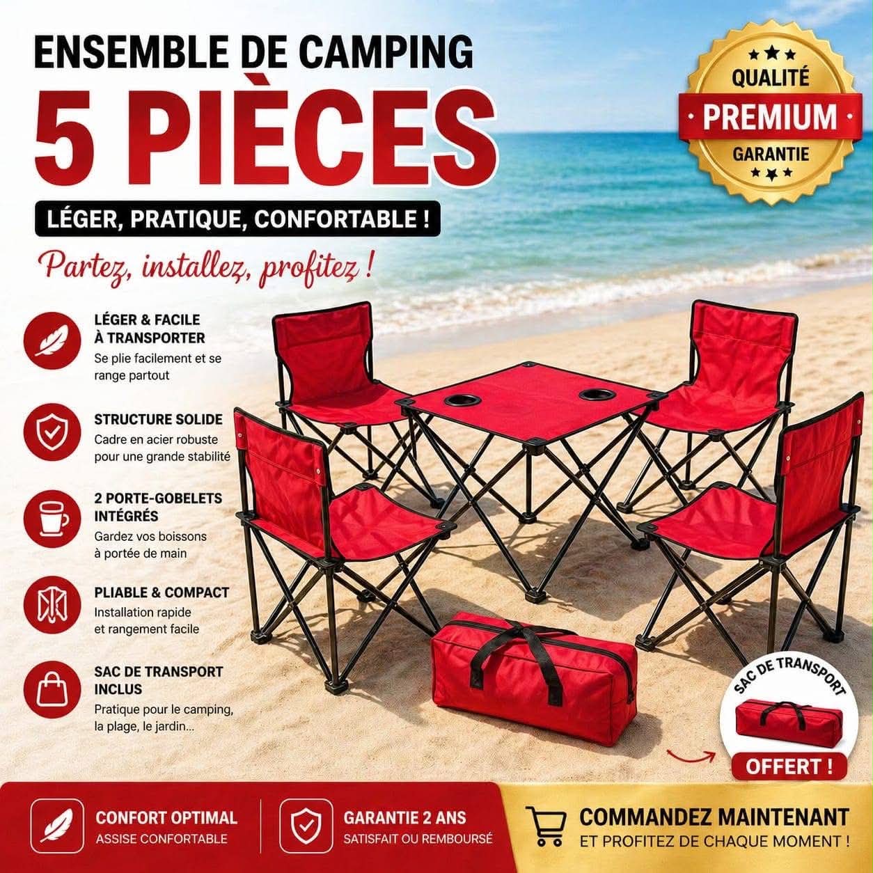 Set Table + 4 Chaises de Plage Pliable