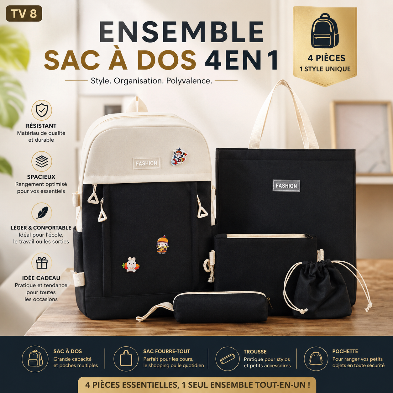 Ensemble Sac à Dos TV8 - Noir 4 en 1