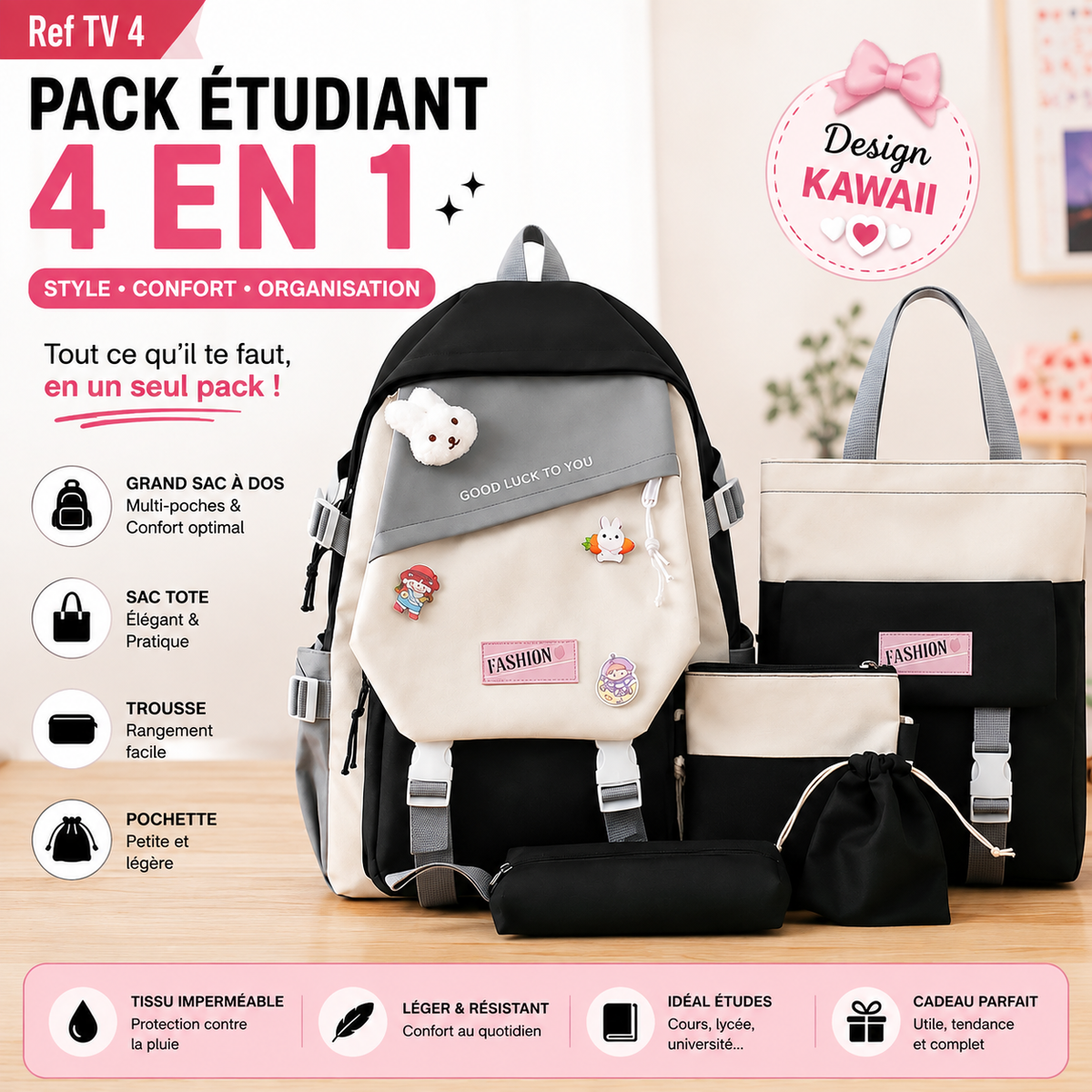 Pack École TV7 - Rose 4 Pièces