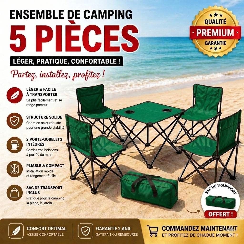 Set Table + 4 Chaises de Plage Pliable